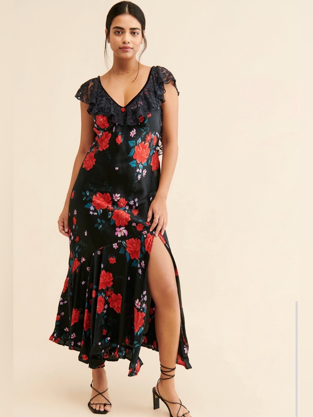 Free People Warm Hearts Black Floral Lace Midi Dress M
